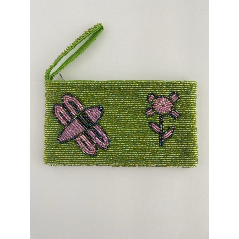 Beaded Glass Wristlet Clutch Zip Bag Multicolor 8.5" x 4.5" Chartreuse And Pink